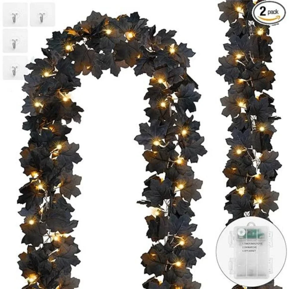 2 Pack Lighted Black Garland Decorations, Total 20 Ft 60 Led Fall Lights